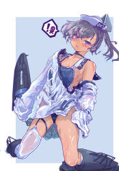  1girl breasts closed_mouth commentary_request competition_swimsuit dace_(kancolle) grey_hair hat highres kantai_collection looking_at_viewer military_hat one-piece_swimsuit sailor_collar sailor_hat side_ponytail small_breasts swimsuit tan thrux two-tone_one-piece_swimsuit 