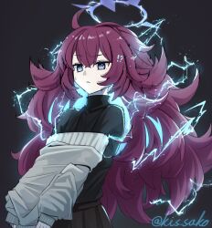  !? 1girl black_shirt blue_archive blue_eyes blue_halo chestnut_mouth commentary_request electricity fluffy_hair halo highres iroha_(blue_archive) kis_sako long_hair long_sleeves pleated_skirt raised_eyebrow red_hair shirt simple_background skirt solo static_electricity sweatdrop sweater twitter_username very_long_hair 