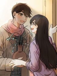  1boy 1girl black_hair commentary couple doorway gokun hero_(faraway)_(omori) hero_(omori) highres jewelry long_hair mari_(faraway)_(omori) mari_(omori) omori plant potted_plant ring sunlight untranslatable_commentary 