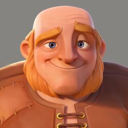  1boy bald blue_eyes clash_of_clans facial_hair giant_(clash_of_clans) grey_background highres looking_at_viewer meme mr._incredible_becoming_uncanny_(meme) mutton_chops official_art orange_hair portrait raised_eyebrow second-party_source simple_background solo 