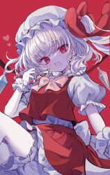  1girl blonde_hair bloomers bow bowtie breasts collared_shirt commentary_request crystal crystal_wings fang flandre_scarlet frilled_shirt_collar frilled_skirt frills hat hat_bow highres karunabaru looking_at_viewer mob_cap multicolored_wings one_side_up open_mouth pointy_ears puffy_short_sleeves puffy_sleeves red_bow red_eyes red_skirt red_vest shirt short_sleeves skirt skirt_set small_breasts smile solo touhou vest white_bloomers white_hat white_shirt white_wrist_cuffs wings wrist_cuffs yellow_bow yellow_bowtie 