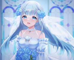  1girl bare_shoulders blue_dress blue_eyes blue_flower blue_hair blue_rose bouquet braid breasts bridal_veil choker collarbone commentary_request commission dress flower hair_flower hair_ornament hairclip highres indoors kogara_(frenzied_kotori) lace lace_choker long_hair medium_breasts off-shoulder_dress off_shoulder open_mouth parallel_hairclips project_nebula rose skeb_commission solo stained_glass upper_body usui_yura veil virtual_youtuber wedding_dress 