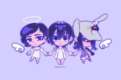  3girls alien_stage angel animal_ears asymmetrical_legwear belt black_hair commentary crop_top dress english_commentary grey_hat grey_socks halo hat highres looking_at_viewer mismatched_legwear mismatched_socks multiple_girls multiple_persona official_alternate_costume pink_belt pink_socks rabbit_ears rairenuwu short_hair smile socks sua_(alien_stage) sua_(angel)_(alien_stage) sua_(tenshi)_(zombie_stage) sua_(zombie_stage) violet_eyes white_dress white_wings wings zombie_stage 