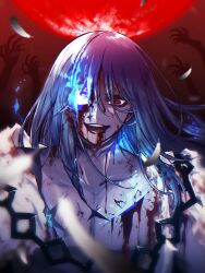  1boy azrael_(fate) bags_under_eyes bleeding blood blue_fire blue_hair colored_skin commentary_request cuts dark-skinned_male dark_skin falling_feathers fate/grand_order fate_(series) feathers fire flaming_eye full_moon grey_skin hair_between_eyes hair_ornament highres injury long_hair looking_at_viewer male_focus moon open_mouth red_eyes red_moon red_sky robe scar scar_on_neck shina_lacie sky smile solo upper_body 