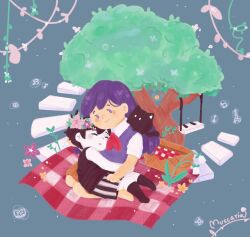  1boy 1girl black_cat cat commentary head_wreath highres mari_(headspace)_(omori) mari_(omori) omori omori_(omori) piano_keys picnic_basket picnic_blanket seiza sitting swing tialiani5 tree 