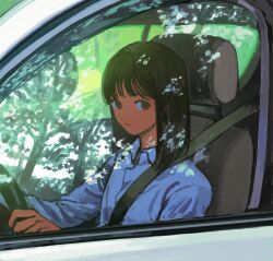  1girl black_hair brown_eyes car car_interior closed_mouth collared_shirt driving expressionless highres long_sleeves looking_at_viewer medium_hair motor_vehicle original realyangtuo shirt solo steering_wheel tree upper_body white_shirt 