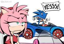  1boy 1girl amy_rose anger_vein animal_ears backless_dress backless_outfit blue_fur car clenched_teeth closed_eyes dress driving fist_bump furry furry_female furry_male gloves green_eyes grin headband hedgehog_boy hedgehog_girl highres kiioki11 motor_vehicle parted_lips pink_fur racing red_dress red_headband red_shoes shoes smile sonic_(series) sonic_racing:_crossworlds sonic_the_hedgehog teeth white_gloves 
