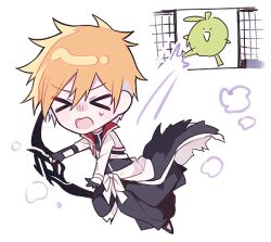  >_< 1boy 1other black_gloves black_hakama bleach bleach:_brave_souls chibi chibi_only closed_eyes facing_viewer full_body g_ieep gloves hakama holding holding_weapon japanese_clothes kicking kurosaki_ichigo kurosaki_ichigo_(brave_souls_7th_anniversary) long_sleeves lowres male_focus motion_lines oni open_clothes open_mouth open_shirt orange_hair puff_of_air sash shirt short_hair simple_background spiky_hair sweatdrop v-shaped_eyebrows weapon white_background white_sash white_shirt 