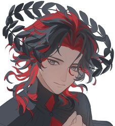  1boy absurdres black_hair floating_headgear grey_eyes head_wreath headgear highres kansoku_(shiki212121) light_smile male_focus multicolored_hair original portrait red_hair short_hair simple_background solo streaked_hair white_background 