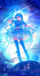  1girl aoi_(momo1581664) blue_background blue_bow blue_eyes blue_hair blue_ribbon blue_shirt blue_skirt blue_thighhighs bow breasts clouds commentary_request dress frilled_dress frills gloves hair_between_eyes highres holding holding_microphone hololive hoshimachi_suisei idol jewelry layered_dress long_hair microphone midriff night official_alternate_costume open_mouth puffy_short_sleeves puffy_sleeves ribbon shirt shooting_star short_sleeves singing skirt sky small_breasts smile solo stage standing_on_object star_(sky) star_(symbol) star_in_eye starry_sky symbol_in_eye thigh-highs virtual_youtuber white_gloves 