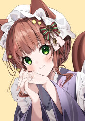  1girl :3 absurdres animal_ears apron bell blunt_bangs blush bow braid brown_hair character_request closed_mouth commentary dutch_angle fingernails frilled_apron frills green_eyes haiba_09 hair_bell hair_bow hair_ornament hair_ribbon hands_up hat highres indie_virtual_youtuber interlocked_fingers japanese_clothes jingle_bell kimono long_sleeves looking_at_viewer maid maid_apron medium_hair mob_cap own_hands_together purple_kimono ribbon sidelocks simple_background smile solo squirrel_ears squirrel_girl squirrel_tail tail tail_raised tareme upper_body virtual_youtuber wa_maid white_hat white_ribbon wide_sleeves yellow_background 