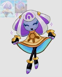  1girl absurdres black_gloves blue_skin chocacherry closed_eyes colored_skin curtsey full_body game_screenshot_inset gloves grey_background highres kirby_(series) kirby_and_the_world_beyond multicolored_hair purple_hair rayman_limbs screenshot_inset smile solo sparkle two-tone_hair white_hair 