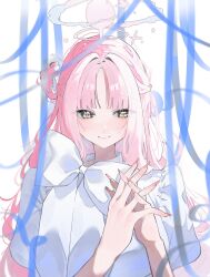  1girl blue_archive breasts commentary dress highres limeindatrap long_hair looking_at_another medium_breasts mika_(blue_archive) pink_hair pink_nails simple_background smile solo untranslatable_commentary upper_body white_background white_dress yellow_eyes 