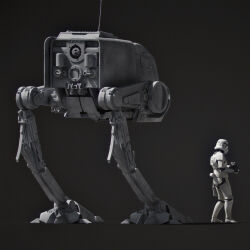  1boy armor at-pt commentary echenry1 energy_gun english_commentary full_armor grey_background gun highres holding holding_gun holding_weapon mecha robot shoulder_armor simple_background soldier star_wars stormtrooper walker_(robot) weapon white_armor 