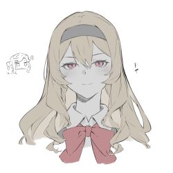  ... 2girls black_hairband blonde_hair blush bow bowtie chibi chibi_inset closed_mouth collared_shirt cropped_shoulders grey_jacket hair_between_eyes hair_bow hairband head_only highres jacket kanade_(kanade_3344) light_smile long_hair multiple_girls open_clothes open_jacket parted_bangs partially_colored pink_eyes red_bow red_bowtie saijo_claudine school_uniform seisho_music_academy_school_uniform shirt shoujo_kageki_revue_starlight simple_background speech_bubble spoken_ellipsis tendo_maya translated v-shaped_eyebrows wavy_hair white_background white_shirt 