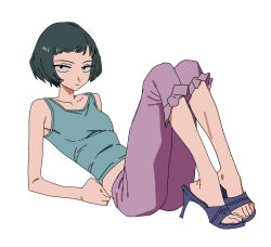  1girl absurdres black_eyes black_hair breasts capri_pants closed_mouth collarbone expressionless full_body high_heels highres knees_up looking_at_viewer lying original pants plumblossom91 sandals shirt short_hair simple_background sleeveless small_breasts solo tank_top toes white_background 