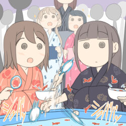  5girls 6+others :o animal_ears animal_print black_hair blue_kimono blush bowl brown_hair brown_kimono chihiro_(juukyuu) closed_mouth fish fish_print floral_print goldfish goldfish_scooping hair_between_eyes hair_ornament hairclip holding holding_bowl japanese_clothes juukyuu kimono long_hair low_twintails multiple_girls multiple_others open_mouth original people pink_kimono poi_(goldfish_scoop) ponytail print_kimono rabbit_hair_ornament rabbit_print silhouette sparkle squatting striped_clothes striped_kimono translation_request twintails vertical-striped_clothes vertical-striped_kimono very_long_hair water yukata yuu_(juukyuu) 