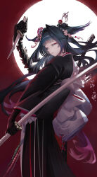  1girl absurdres aki_(xhs_428379286) animal_ears arknights bird_ears bird_girl black_hair black_kimono chinese_commentary commentary_request dagger flower full_moon hair_flower hair_ornament highres holding holding_dagger holding_knife holding_sword holding_weapon japanese_clothes katana kimono knife long_hair mio_(arknights) moon red_sky sky smile solo sword very_long_hair weapon 