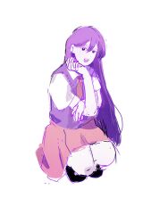  1girl black_shoes commentary hand_on_own_chin highres looking_at_viewer mari_(headspace)_(omori) mari_(omori) nayonayooooooo neckerchief omori purple_hair school_uniform shoes smile squatting sweater_vest 