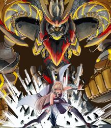  1girl 1other brown_hair debris duel_disk duel_monster electricity furen_e_lustario furen_e_lustario_(1st_costume) highres long_hair looking_at_viewer makitekka mecha robot ryzeal_detonator size_difference smile thigh-highs yu-gi-oh! yu-gi-oh!_master_duel 