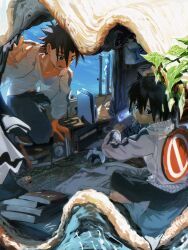  2boys alarm_clock barefoot bicycle black_eyes black_hair book clam_shell clock controller false_memory food food_in_mouth game_console game_controller guan_chao_(false_memory) handheld_game_console he_mingshuo highres jacket looking_at_viewer male_focus multiple_boys ocean open_mouth pants pile_of_books plant playstation_5 popsicle popsicle_in_mouth puddingtiger pyramid_(structure) radio road_sign shirt sign sitting smile spiky_hair wind_chime 