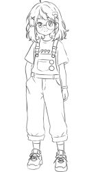  1girl ahoge closed_mouth commentary english_commentary freckles full_body glasses greyscale hair_ornament hand_in_pocket highres looking_at_viewer medium_hair monochrome niconiikura original overalls round_eyewear shirt shoes short_sleeves simple_background smile sneakers solo standing star_(symbol) star_hair_ornament t-shirt virtual_youtuber white_background 