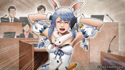  2016 2boys 2girls animal_ears black_gloves black_suit blue_hair bow braid breasts carrot carrot_hair_ornament closed_eyes commentary_request copyright_notice courtroom covering_own_ears detached_sleeves don-chan_(usada_pekora) dress east_asian emphasis_lines enomoto_yoshitaka food-themed_hair_ornament fur-trimmed_gloves fur_trim glasses gloves hair_bow hair_ornament hololive microphone monitor multicolored_hair multiple_boys multiple_girls necktie opaque_glasses podium puffy_short_sleeves puffy_sleeves rabbit_ears rabbit_girl red_necktie short_sleeves sidelocks small_breasts strapless strapless_dress suit twin_braids two-tone_hair usada_pekora usada_pekora_(1st_costume) virtual_youtuber white_hair 