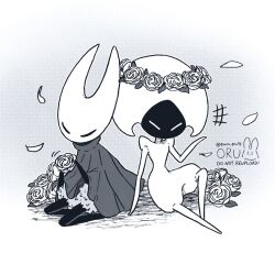  2girls arthropod_girl bodysuit cloak colored_skin flower full_body greyscale hat head_wreath highres hollow_eyes hollow_knight hollow_knight:_silksong horned_mask hornet_(hollow_knight) lace_(hollow_knight) mask monochrome multiple_girls needle_(hollow_knight) oru_(0ruru_0ru95) petals puffy_sleeves sitting 