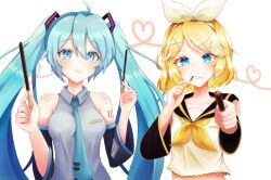  2girls absurdres ahoge aqua_eyes aqua_hair aqua_necktie aqua_trim black_sailor_collar black_sleeves blonde_hair blue_eyes bow breasts commentary detached_sleeves food food_in_mouth grey_shirt hair_bow hair_ornament hairclip hatsune_miku heart highres holding holding_food holding_pocky kagamine_rin l.shu long_hair looking_at_viewer medium_breasts multiple_girls neckerchief necktie number_tattoo parallel_hairclips pocky pocky_in_mouth sailor_collar shirt short_hair simple_background sleeveless sleeveless_shirt small_breasts smile tattoo treble_clef twintails upper_body very_long_hair vocaloid white_background white_bow white_shirt yellow_neckerchief yellow_trim 