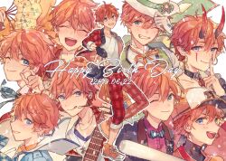  1boy adjusting_clothes adjusting_headwear akehoshi_subaru baseball_cap belt_collar black_gloves blue_bow blue_bowtie blue_eyes blush bow bowtie closed_eyes closed_mouth collar commentary dated earrings ensemble_stars! facial_mark finger_to_mouth frilled_collar frills full_body gloves hair_between_eyes hand_fan happy_birthday hat highres holding holding_fan hoop_earrings horns index_finger_raised jacket jewelry long_sleeves male_focus microphone multiple_views official_alternate_costume one_eye_closed open_clothes open_jacket open_mouth orange_hair orange_ribbon orange_shoes outstretched_arm pants paper_fan pointy_ears red_horns red_jacket red_pants ribbon shirt shoes short_hair shushing simple_background smile standing standing_on_one_leg striped_bow striped_bowtie striped_clothes syerii tongue tongue_out top_hat upper_body white_background white_gloves white_shirt 