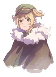  1girl :| absurdres black_cloak black_hat blonde_hair cloak closed_mouth collared_shirt commentary_request cropped_torso daiba_nana dot_nose fur-trimmed_cloak fur_trim green_eyes green_hat green_shirt hair_between_eyes hat highres jacket kokamo_ahiru looking_at_viewer official_alternate_costume peaked_cap shirt short_hair shoujo_kageki_revue_starlight simple_background solo two-tone_hat two_side_up upper_body white_background 