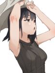  1girl armpits arms_up bangs black_hair blue_eyes breasts covering_head dripping fingernails highres hot looking_afar open_mouth original pinup_(style) portrait short_hair simple_background sketch sleeveless small_breasts summer sweat upper_body vins-mousseux white_background 