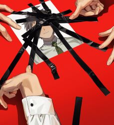  1boy ahoge brown_hair buttons censored censored_identity closed_mouth collared_shirt commentary_request danganronpa_(series) danganronpa_2:_goodbye_despair duct_tape fingernails green_necktie happy highres hinata_hajime korean_commentary male_focus messy_hair necktie photo_(object) red_background saman_zero7 shirt short_hair smile solo_focus spoilers sunglasses tape white_shirt 