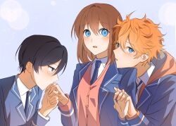  1girl 2boys akehoshi_subaru anzu_(ensemble_stars!) black_hair blazer blue_eyes blue_jacket blue_necktie blurry blush bokeh brown_hair commentary depth_of_field ensemble_stars! hair_between_eyes hand_grab head_on_another's_shoulder hidaka_hokuto highres hood hood_down interlocked_fingers jacket kirabaru62 kiss kissing_hand korean_commentary lapels long_hair long_sleeves looking_at_viewer multiple_boys necktie notched_lapels open_mouth orange_hair pink_sweater_vest school_uniform short_hair sweater_vest upper_body yumenosaki_school_uniform 