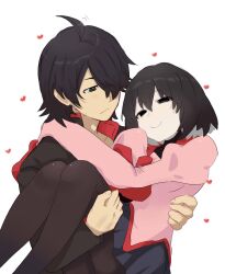  1boy 1girl :< araragi_koyomi arm_on_another's_shoulder black_eyes black_hair black_jacket black_pantyhose black_shirt black_skirt bob_cut breasts carrying closed_mouth collarbone collared_shirt dress_shirt empty_eyes eye_contact gakuran hair_between_eyes hair_over_one_eye hand_on_another's_back hand_on_another's_thigh hand_up heart high_collar highres jacket long_sleeves looking_at_another monogatari_(series) motion_lines naoetsu_high_school_uniform narrowed_eyes oshino_ougi pale_skin pantyhose pink_shirt pleated_skirt princess_carry puffy_long_sleeves puffy_sleeves red_trim school_uniform shirt short_hair simple_background skirt sleeves_past_fingers sleeves_past_wrists small_breasts smile sweatdrop tsugumi_(tgm_615486) turtleneck undershirt upper_body white_background 