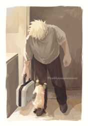  1boy animal animalization arms_at_sides bakugou_katsuki black_shoes black_socks blonde_hair boku_no_hero_academia border brown_pants chihuahua clinging clothed_animal commentary_request crew_neck crosshatching dkyoudai dog full_body grey_shirt hatching_(texture) head_down highres holding holding_suitcase indoors leaning_forward linear_hatching looking_at_animal male_focus multiple_scars pants person_and_animalization scar scar_on_arm shadow shirt shoes short_hair short_sleeves socks spiky_hair standing standing_on_one_leg suitcase t-shirt tile_floor tiles twitter_username white_border 