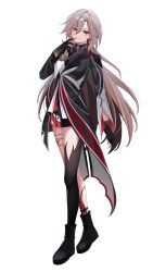  1girl absurdres alternate_costume black_boots black_gloves black_thighhighs boots borrowed_design brown_eyes closed_mouth commentary commission earrings english_commentary eye_print gloves grey_hair hair_between_eyes highres honkai:_star_rail honkai_(series) jewelry kuchiba_(honkai:_star_rail) long_hair mole mole_under_eye non-web_source pleated_skirt single_thighhigh skirt smile solo thigh-highs transparent_background wayanfa 