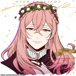  1boy androgynous blush braid cape character_name closed_mouth copyright_name dorothy_(over_requiemz) happy_birthday head_wreath highres jewelry kazari_tayu long_hair looking_at_viewer male_focus muffin_(sparleshine) official_art over_requiemz pink_eyes pink_hair portrait ring shirt simple_background smile solo white_background white_shirt 
