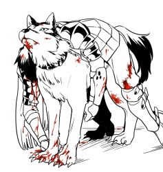  1boy armor blood carrying carrying_person claws closed_mouth collar commentary_request gloves greaves greyscale looking_ahead monochrome pants pauldrons pet_(sekaiju) pet_3_(sekaiju) sekaiju_no_meikyuu sekaiju_no_meikyuu_2 short_hair shoulder_armor simple_background spot_color suno_(imydream) swordsman_(sekaiju) swordsman_1_(sekaiju) tail wolf 