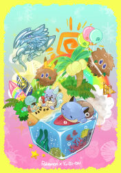  absurdres animal_ears blastoise blue-eyes_white_dragon border card claws coconut commentary_request crossover duel_monster fake_animal_ears fossil highres holding holding_card isometric kuriboh luvdisc menokuma_ch millennium_puzzle no_humans palm_tree poke_ball poke_ball_(basic) pokemon pokemon_(creature) rainbow squirtle sun_symbol surfboard tree wartortle yellow_border yu-gi-oh! 