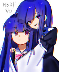  2girls birthday_connection birthday_date black_dress bow bowtie chromatic_aberration collared_shirt commentary_request dress evil_smile expressionless frederica_bernkastel frilled_skirt frills furude_rika gothic_lolita hairstyle_connection happy_birthday higurashi_no_naku_koro_ni hug in-franchise_crossover kanmiri layered_sleeves lolita_fashion long_hair long_sleeves looking_at_viewer multiple_girls open_mouth pink_bow pink_bowtie puffy_short_sleeves puffy_sleeves purple_bow purple_bowtie school_uniform shirt short_sleeves simple_background skirt smile suspenders two-tone_dress umineko_no_naku_koro_ni violet_eyes white_background white_dress white_shirt witch 