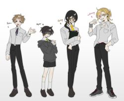  4boys bandaid bandaid_on_leg black_hair black_pants black_shorts blue_ribbon book breast_pocket brown_hair character_name collared_shirt degrees_of_lewdity double-parted_bangs ear_piercing eyes_visible_through_hair full_body green_eyes green_necktie grey_hoodie hair_over_one_eye hand_on_own_hip hand_up holding holding_book hood hood_down hoodie interlocked_fingers kylar_(degrees_of_lewdity) kylar_(male)_(degrees_of_lewdity) long_sleeves low_ponytail male_focus mars_symbol medium_hair multiple_boys neck_ribbon necktie one_side_up open_collar open_hand own_hands_together pants piercing pocket ponytail red_eyes ribbon robin_(degrees_of_lewdity) robin_(male)_(degrees_of_lewdity) round_eyewear school_uniform shirt shoes short_bangs short_hair shorts simple_background smile sneakers socks sweatdrop sydney_(degrees_of_lewdity) sydney_(male)_(degrees_of_lewdity) very_short_hair white_background white_shirt white_socks whitney_(degrees_of_lewdity) whitney_(male)_(degrees_of_lewdity) yellow-framed_eyewear yellow_eyes yellow_necktie yokuhaku 