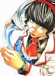  1girl absurdres black_hair black_shirt blazer blue_eyes blue_skirt blunt_bangs collared_shirt eva_tsunaka frilled_necktie glasses gradient_hair hairband highres jacket long_sleeves looking_at_viewer multicolored_hair necktie nifast_(greentail) obata_takeshi_(style) project:_eden's_garden red_hairband shirt short_necktie sidelocks simple_background skirt solo tie_clip watch watch white_background white_hair white_jacket 