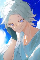  1boy aotsuki_eito arm_up black_gloves bright_pupils commentary eyelashes glasses gloves grey_hair hand_on_own_face highres jacket looking_at_viewer male_focus shirt short_hair smile solo the_hundred_line_-last_defense_academy- violet_eyes white_jacket white_pupils white_shirt zer00han 