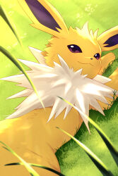 1other animal animal_ears animal_focus blurry blurry_foreground closed_mouth commentary day grass highres jolteon lying no_humans outdoors pokemon pokemon_(creature) pokemon_focus rumine_(yoshi1234567) smile solo