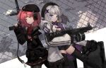  2girls aa-12_(girls&#039;_frontline) ahoge bangs beret black_gloves black_headwear black_pantyhose black_skirt black_thighhighs blue_eyes blunt_bangs bow candy chain-link_fence character_name clouds cloudy_sky coat fence fingernails food fur-trimmed_hood fur_trim girls_frontline gloves grey_coat grey_hair gun hair_ornament hat headphones holding holding_gun holding_weapon hood hood_down hooded_coat lollipop long_hair looking_at_viewer medium_hair mouth_hold mp7_(girls&#039;_frontline) multicolored_coat multiple_girls open_mouth outdoors pantyhose parted_lips pink_hair pla4neta pouch purple_coat purple_nails side_ponytail skirt sky sleeves_past_wrists striped striped_bow teeth thigh-highs two-tone_coat weapon yellow_eyes zipper zipper_pull_tab 