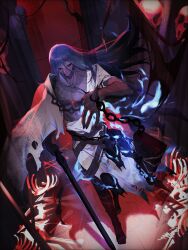  1boy azrael_(fate) bags_under_eyes black_eyes blue_fire blue_hair chain colored_extremities colored_skin commentary_request dark-skinned_male dark_skin fate/grand_order fate_(series) fire full_body grey_skin hair_between_eyes hair_ornament highres holding holding_sword holding_weapon long_hair looking_at_viewer male_focus robe scar scar_on_cheek scar_on_chest scar_on_face scar_on_neck skull solo sword tanso25257 torn_clothes torn_robe weapon 