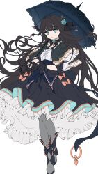  1girl arcaea arm_cutout bib_collar black_bow black_bowtie black_capelet black_dress black_hair black_pantyhose black_shoes black_umbrella blue_corset blue_eyes blue_flower blue_rose bow bow_flower bowtie capelet center_frills closed_mouth clothing_cutout collar commentary_request corset dress dress_bow flower frilled_collar frilled_sleeves frills full_body hair_flower hair_ornament hair_ribbon highres holding holding_umbrella long_hair long_sleeves ochanoko_sa pantyhose pleated_capelet ribbon rose shoes simple_background solo tairitsu_(arcaea) tairitsu_(grievous_lady)_(arcaea) umbrella white_background 
