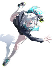  1girl absurdres animal_ear_fluff animal_ears aqua_scarf blue_archive blue_halo card commentary_request cross_hair_ornament extra_ears fingernails from_above full_body gloves green_gloves hair_intakes hair_ornament halo highres kneehighs legs long_sleeves pleated_skirt scarf shadow shiny_skin shiroko_(blue_archive) shoes short_hair skirt sneakers socks solo standing standing_on_one_leg thigh_focus thighs throwing white_hair white_socks wolf_ears yeyoutiangong 