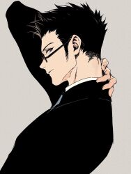  1boy arm_behind_head arm_up black_hair brown_eyes chubsbunny2026 closed_mouth commentary_request dutch_angle from_side frown glasses grey_background hand_on_own_neck highres hunter_x_hunter jacket layered_sleeves leorio_paladiknight long_sleeves looking_back male_focus profile round_eyewear shirt short_hair sideburns simple_background solo suit_jacket upper_body very_short_hair white_shirt 